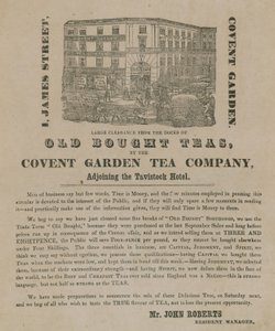 Advertentie voor oude gekochte theeën van de Covent Garden Thee Compagnie door English School