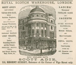 Advertentie voor het Royal Scotch Warehouse, 115 Regent Street, Londen door English School