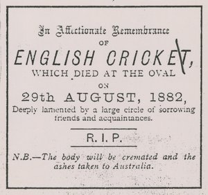 Advertentie uit de Sporting Times in augustus 1882 die het concept van The Ashes introduceerde door English School