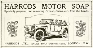 Advertentie voor Harrods motorzeep door English School