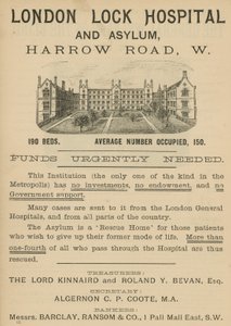 Advertentie voor het London Lock Hospital en Asiel, Harrow Road, Londen