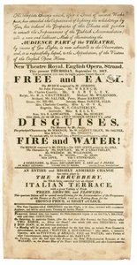 Advertentie voor New Theatre Royal, Engelse Opera, Strand, Londen, voor 11 september 1817, vermelding van gasverlichting door English School