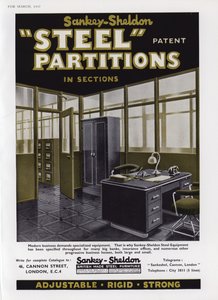 Advertentie voor Sankey-Sheldon stalen scheidingswanden, 1937
