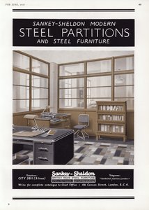 Advertentie voor Sankey-Sheldon stalen scheidingswanden, 1937