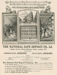 Advertentie voor de National Safe Deposit Company, 1 Queen Victoria Street, Mansion House, Londen door English School