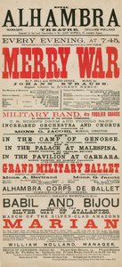 Advertentie voor het Royal Alhambra Theatre, met Merry War door F Bell en Richard Genee met muziek van Johann Strauss door English School