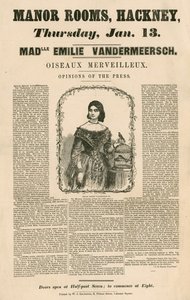 Advertentie voor het optreden van Mademoiselle Emilie Vandermeersch, Oiseaux Merveilleaux in de Manor Rooms, Hackney, Londen