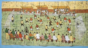 Afrikaanse batik die een voetbalwedstrijd illustreert met menigten die toekijken in de tribunes door English School
