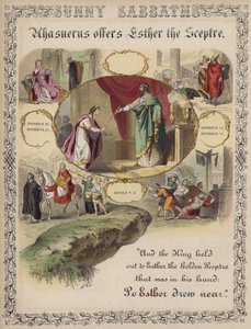 Ahasveros biedt Esther de scepter aan (gekleurde gravure)