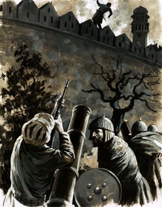 Akbar, koning van Hindustan, riep om een musket en schoot Jaimal, de commandant van het fort, dood