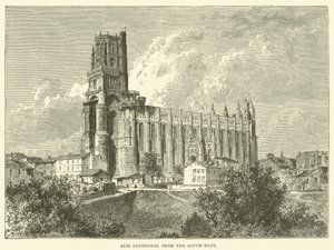 De kathedraal van Albi vanuit het zuidwesten (gravure)