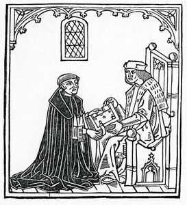 Alexander Barclay presenteert zijn boek aan zijn beschermheer Thomas Cornish, frontispice van de Engelse vertaling van 