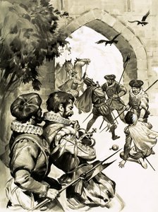 Alle uitgebreide plannen van Kapitein Blood om de kroon van Engeland te stelen kwamen op niets uit (gouache op papier) door English School