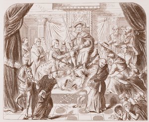 Allegorisch schilderij van Hendrik VIII die op paus Clemens trapt, van een oude prent in het British Museum door English School