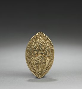 Amandelvormig zegel: Kroning van de Maagd met een knielende monnik, 1300s