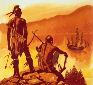 Amerikaanse Indianen kijken naar het schip van indringers