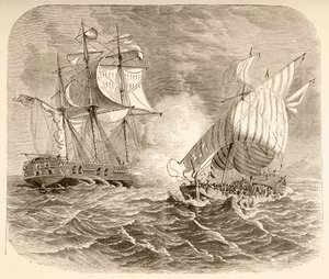 Een Amerikaans marineschip vangt een Algerijns piratenschip voor de kust van Barbarije tijdens de Eerste Barbarijse Oorlog