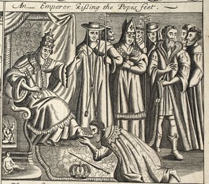 Een keizer die de voeten van de paus kust, illustratie uit Handelingen en Monumenten van John Foxe, negende editie, uitgegeven 1684