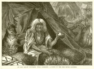 Een Oude Squaw die Wilde Kersen Stampt: Een scène in het Red River-gebied door English School