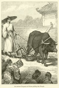 Een oude keizer van China die de ploeg leidt (gravure)