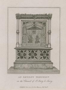 Een oud monument in het koor van St Mary le Savoy door English School