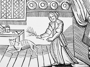 Een oude vrouw die haar kat slaat omdat hij op zondag muizen vangt, uit een verzameling chapbooks over esoterica, 14e-17e eeuw door English School