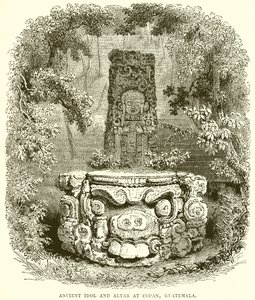 Oude idool en altaar in Copan, Guatemala