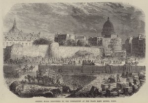 Oude muren ontdekt bij de sloop van de Place Saint Michel, Parijs (gravure) door English School