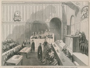 Oude ceremonie van het hakken van stokken en tellen van hoefijzers en spijkers in de Court of Excise door English School