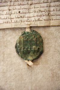 Oude zegel met een afbeelding van het oorspronkelijke kasteel, gemaakt voor William de Albini IV, ca. 1267 (papier & was) door English School