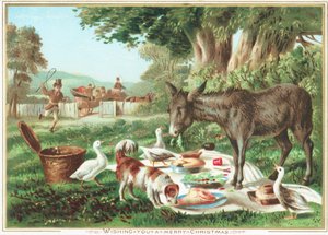 Dieren eten de picknick, kerstkaart