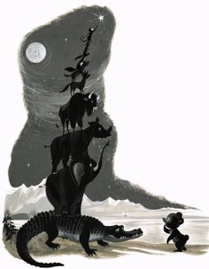 Boven elkaar gestapelde dieren (gouache op papier) door English School