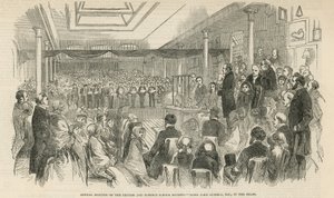 Jaarvergadering van de British and Foreign School Society (gravure) door English School