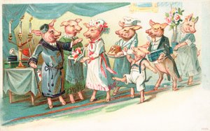 Antropomorfe varkens die worden begroet bij aankomst op een feest door English School