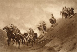 Arabische bereden politie hielp de Britten bij het oversteken van de opgedroogde bedding van een oude kanaal, 1914-19