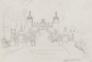 Boog in Wothorp, Cambridgeshire, opgericht om koningin Victoria en prins Albert te verwelkomen op weg naar Burghley House