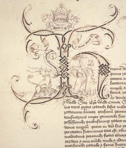 Versierde initiaal H van koninklijk charter waarin de schenking door koning Hendrik VI aan New College Oxford van de landgoederen van Newton Longville wordt vastgelegd