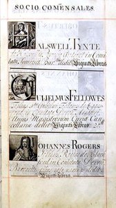 Pagina met drie weldoeners van New College, Oxford; Halswell Tynte, Gulielmus Fellowes en Johannes Rogers, uit een weldoenersboek door English School
