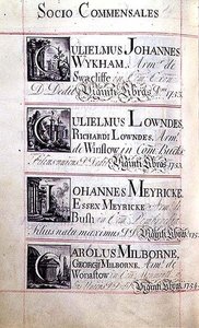 Archief 3693 f.94v Pagina met vier weldoeners van New College, Oxford; Gulielmus Johannes Wykham, Gulielmus Lowndes, Johannes Meyricke en Carolus Milborne