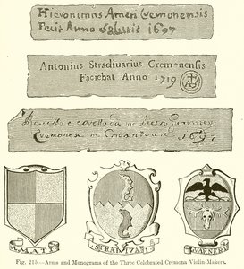 Wapens en monogrammen van de drie beroemde Cremona vioolmakers