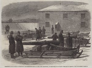 Armstrong-kanonnen verpakt op sleeën in de Ordnance-Yard, St John, New Brunswick, klaar om over land naar Canada te worden gebracht door English School