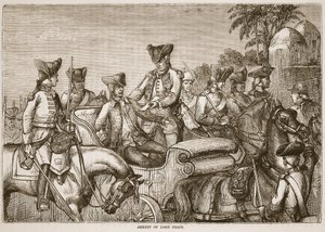 Arrestatie van Lord Pigot, illustratie uit Cassells Geïllustreerde Geschiedenis van India door James Grant, uitgegeven 1879 door English School