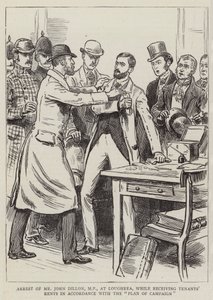 Arrestatie van de heer John Dillon, MP, in Loughrea, terwijl hij huur van pachters ontvangt volgens het "Plan van Campagne" (gravure) door English School