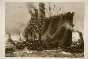 Aankomst in Frankrijk van het Amerikaanse transportschip Leviathan, de voormalige Duitse liner Vaterland, met 12.000 Amerikaanse troepen aan boord door English School