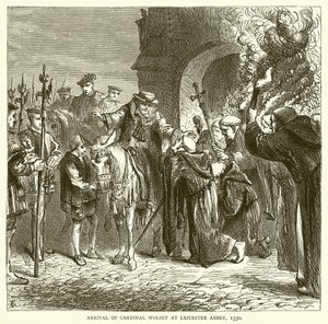 Aankomst van kardinaal Wolsey in Leicester Abbey, 1530 door English School
