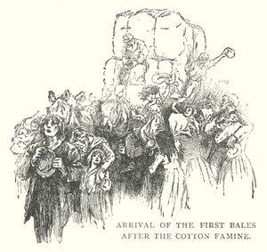Aankomst van de eerste balen na de katoenhongersnood (gravure) door English School