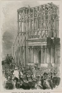 Aankomst van het Wellington standbeeld bij de Boog, Hyde Park Corner, Londen