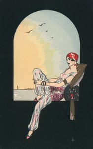 Art Deco afbeelding van een vrouw liggend in een vensterbank door English School