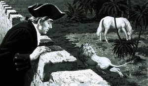 Kunstenaar George Stubbs keek toe hoe een leeuw naar een Berberpaard sloop door English School