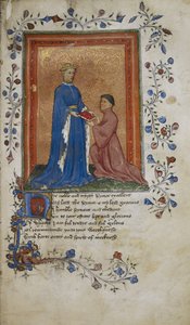 Arundel 38, f.37 Thomas Hoccleve presenteert een boek aan Prins Hendrik van Lancaster, illustratie uit 